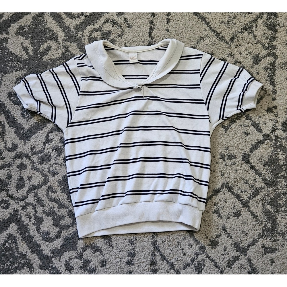 Vintage 80s Jantzen Nautical Sailor Collar Striped Top White Navy Blue Small USA